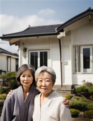 一人で暮らす高齢者と高齢者宅で写る長女